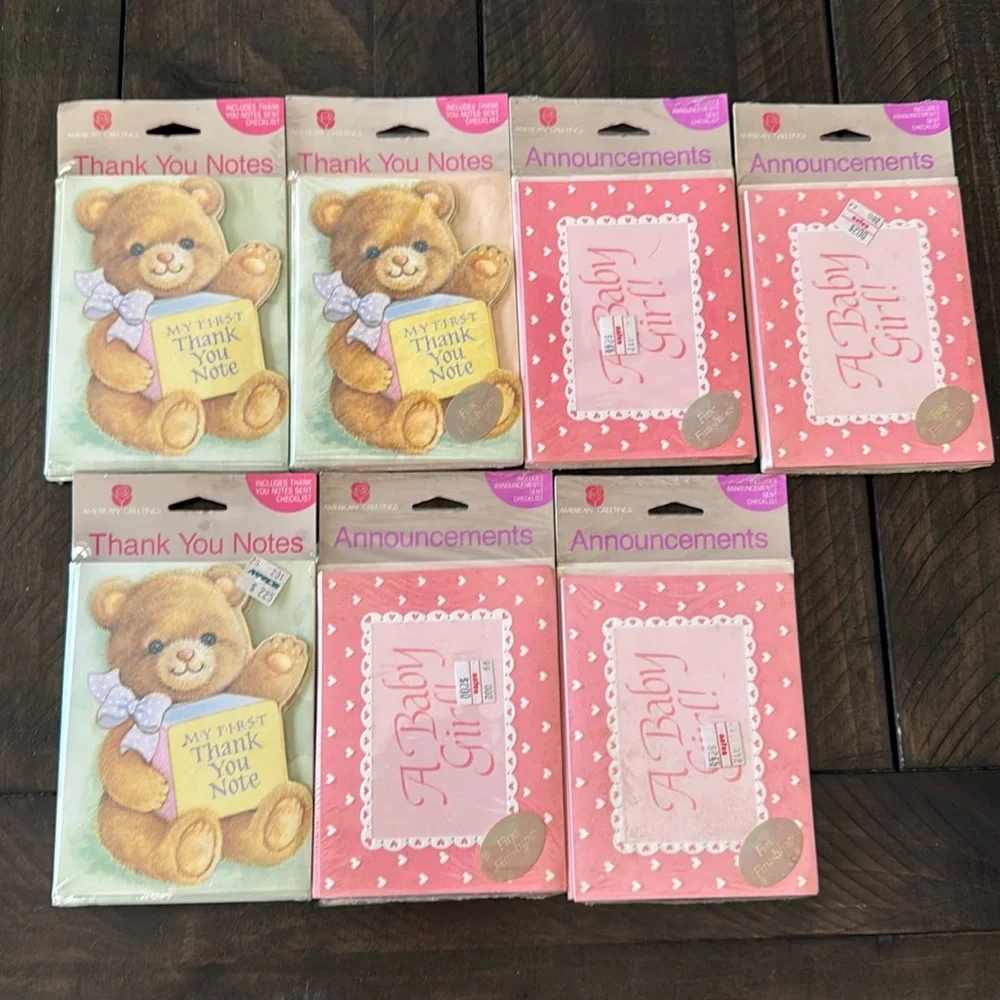 7 unopened packages of 1980s birth announcements and thank you notes.